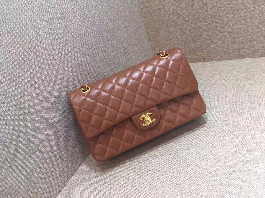 Medium Classic Flap Lambskin Bag AO1112 Brown Red/Gold